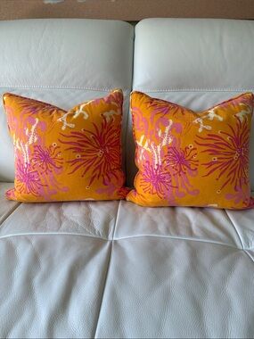 2 Custom pillows in Bimini Orange Pink by Lilly Pulitzer Lee Jofa